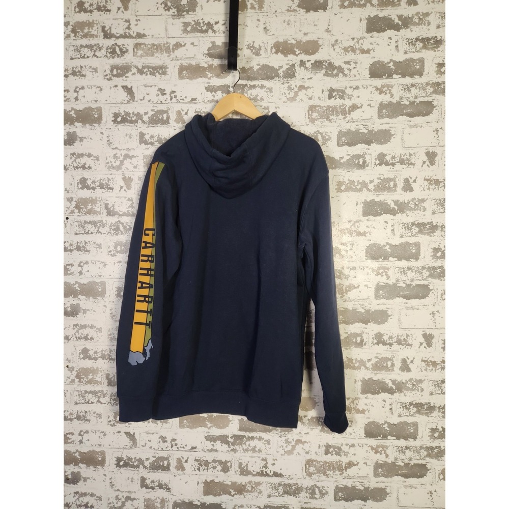 Carhartt Hoodie Men Medium Loose Fit Navy Blue Pullover Spell Out Sleeve Striped
